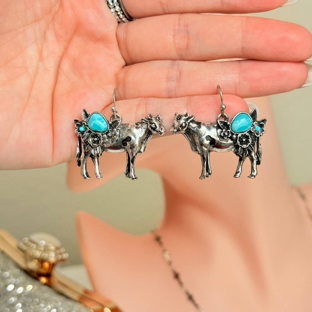 Silver and Turquoise Cow Earrings - Picture 8 of 8